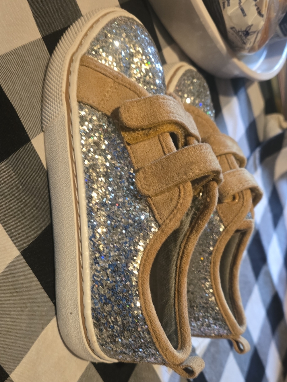 Wonder Nation Velcro Shoes Very Glittery Silver And Khacki Adorable Kids